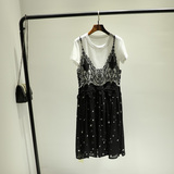 夏季新款韩国时尚洋气质感蕾丝拼接雪纺连衣裙吊带裙配T恤两件套