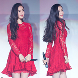 2015新款秋冬原创设计angelababy杨颖明星同款红色蕾丝连衣裙长袖
