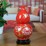 景德镇陶瓷花瓶中国红现代家居客厅摆件金牡丹葫芦瓶乔迁结婚礼物