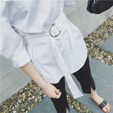 韩国2016初秋新款韩版气质一字领露肩白衬衫系腰带收腰显瘦女上衣