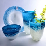 地中海大花瓶子彩色玻璃蓝色花瓶 田园简约圆盘摆件套装艺术饰品