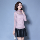 2015冬季新款韩版时尚长袖堆堆领蕾丝衫加绒加厚打底衫小衫女