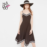 Haoduoyi2016夏新款 欧美时尚拼接吊带漏肩个性A字连衣裙女