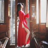 连衣裙春复古长袖雪纺长裙2016新品红裙高腰显瘦圆领宽松旅行女装