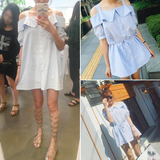 韩版夏季女装新款吊带连衣裙女宽松显瘦气质露肩中长款衬衫裙子潮