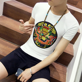 夏季夜店男士中国风龙袍刺绣紧身t恤 青年发型师韩版修身半袖体恤