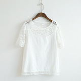 白色短袖t恤女夏装新款欧根纱刺绣上衣修身蕾丝打底衫女棉卫衣潮