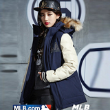 mlb棒球服女中长款LA道奇队冬季连帽毛领羽绒服男韩版pu皮袖外套