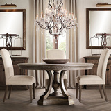 美式乡村全实木餐桌复古餐桌椅组合6人圆形做旧欧式圆桌现代简约