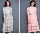 2016春秋装新款女装修身显瘦蕾丝长袖连衣裙气质纯色裙子中长款