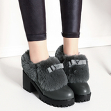 2015冬季新款厚底粗跟女靴兔毛装饰加绒短筒靴马丁靴女蝴蝶结裸靴