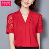 雪纺衫短袖女2016夏季新款韩版大码V领蕾丝镂空显瘦衬衫女装上衣