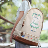 韩版简约帆布双肩包女可爱猫咪书包高中学生休闲背包大容量女包包