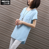 棉麻短袖t恤女夏季韩版中长款宽松纯白色体恤上衣蓝色圆领打底衫