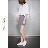 VNOOK2016夏季新品 叠位不规则设计灰短裙 高腰纯色A字半身裙 女
