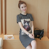 夏季韩版女版t恤宽松直筒中长款连衣裙女短袖休闲条纹字母包裙