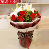 红玫瑰百合花束武汉同城鲜花速递女生节七夕情人节送女友表白鲜花