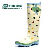 RAINBELT 新韩版蓝色大圆点女士雨鞋女式高筒雨靴套水鞋加绒保暖