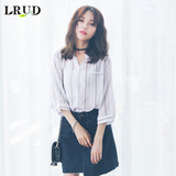 LRUD2016夏季新款韩版立领撞色条纹衬衫女宽松清新七分袖休闲衬衣