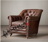 美式欧式头层油蜡皮牛皮沙发复古老虎椅单人布艺休闲椅咖啡厅沙发