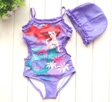 最新外贸原单儿童泳衣美人鱼紫女童防紫外线连体游泳衣带泳帽