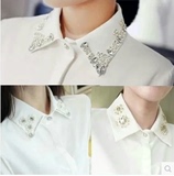 新款钉珠长袖衬衣促销2015秋季水钻领子带钻打底白色衬衫雪纺衫女