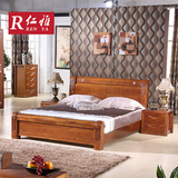 中式全实木床1.8米 厚重雕花简约现代榆木卧室家具榆木双人床婚床