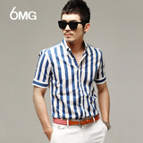 6＆MG春夏季韩版修身全棉竖条纹男士短袖衬衫海军风时尚个性衬衣