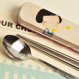 可爱卡通不锈钢勺子筷子2件套 学生盒装餐具旅游便携式携带筷子