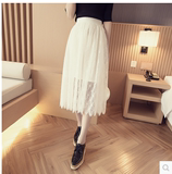 2016春装新款韩版中长款半身裙镂空透视蕾丝裙高腰休闲裙子长裙