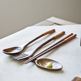 摩登主妇 创意木质绕线叉子勺子筷子套装 学生便携餐具三件套木勺