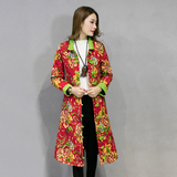 原创设计2016秋冬民族风女装长款盘扣棉衣女棉麻印花中式复古外套