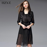 HZVZ2016新简约修身显瘦短袖束腰欧洲站真丝拼接开衫薄外套女春夏