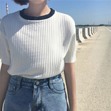 韩国ulzzang夏季女装气质竖条纹修身显瘦短袖T恤休闲上衣学生体恤