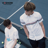百搭夏季新款欧美纯色衬衫 viishow2016条纹短袖衬衣 白常规标准