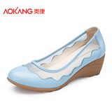Aokang/奥康女鞋 新款 甜美网纱透气坡低跟圆头浅口单鞋