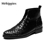 Mrhippies男鞋 手工编织圆头商务男靴 真皮黑色高帮皮靴短靴系带