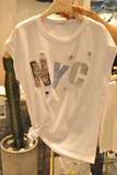 韩国代购夏季新款韩版宽松显瘦白色短袖T恤女字母钉珠简约上衣