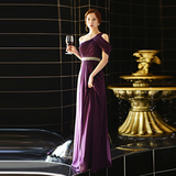 新款韩版单肩礼服宴会晚装紫色公司年会结婚主持人黑色生日长裙女