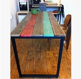 loft美式乡村复古做旧彩色条纹铁艺实木休闲餐桌咖啡桌电脑桌书桌