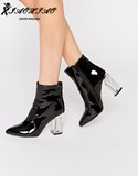 英国正品代购直邮 16新款女靴水晶粗跟漆皮亮面高跟及踝短靴 3.02