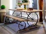 热卖美式乡村 复古做旧铁艺餐桌椅 创意车轮长桌 咖啡厅桌椅组合