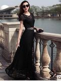 欧2016夏新欧美黑色修身连衣裙 大牌气质蕾丝短袖大码超长裙爆版