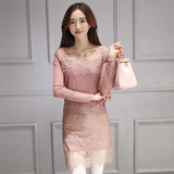 韩版夏季2016新款大码礼服女胖mm遮肚子显瘦长袖藕粉色蕾丝连衣裙