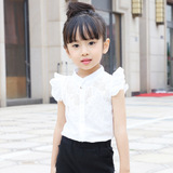 女童装夏装儿童纯白色短袖衬衫无袖翻领T恤公主花边韩版上衣衬衣