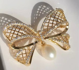 银镀金镂空蝴蝶结清新文艺彩色 米形 天然淡水珍珠胸针胸花 实用