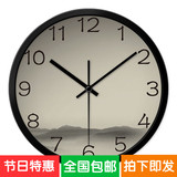 中国风水墨画客厅现代圆形刻度个性静音钟表简约石英挂钟原创秒杀
