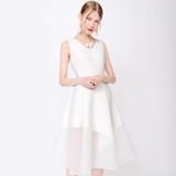 糖力2016夏装新款欧美 白色简约网格修身显瘦V领无袖连衣裙女现货