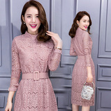 2016春装新款韩版修身气质长袖镂空蕾丝连衣裙春季收腰中长款裙子
