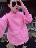 2014新款女装 名媛范小香风粉色开衫羊毛针织加厚上衣